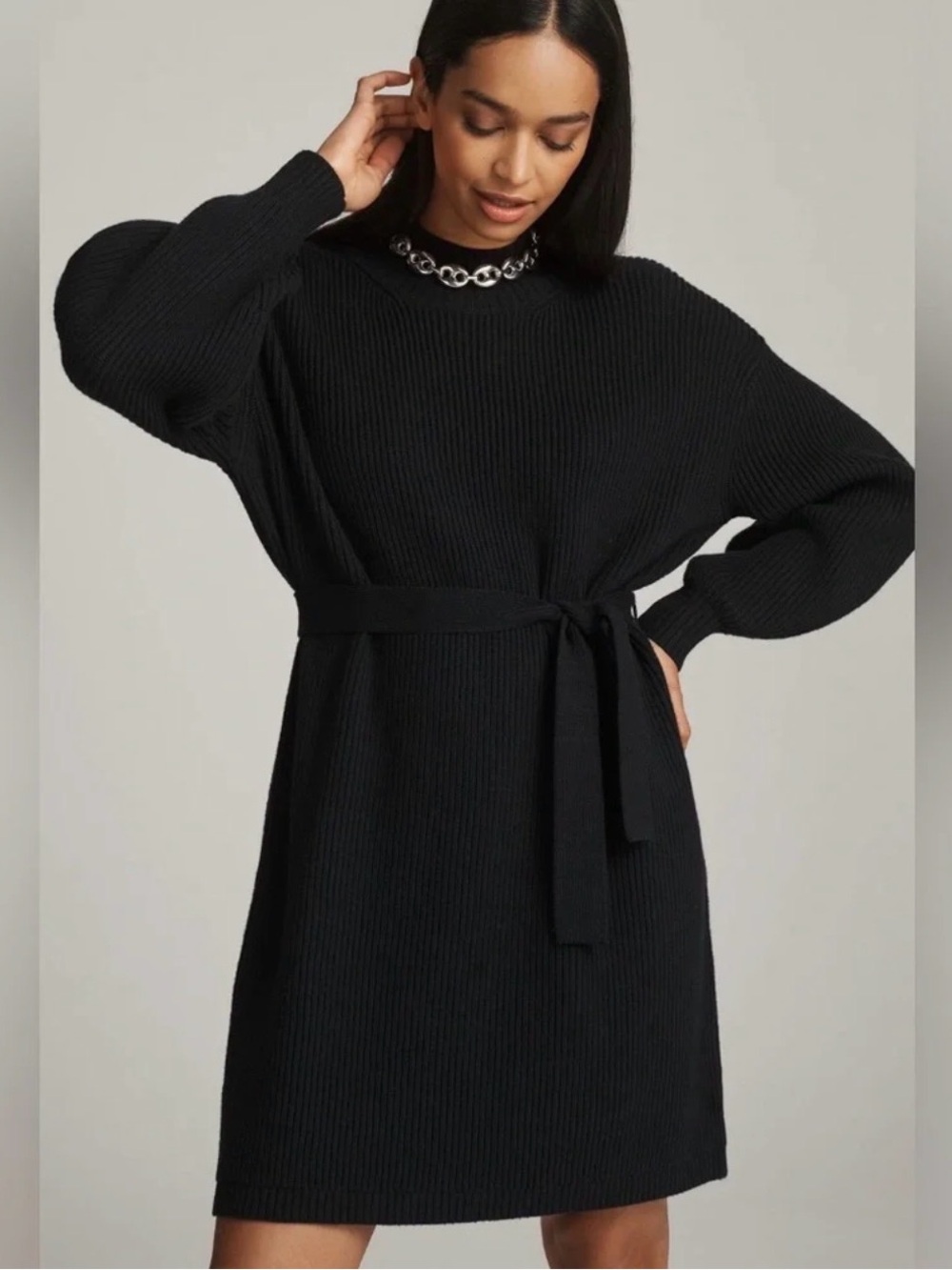Maeve Black Ribbed Knit Belted Long-Sleeve Dress